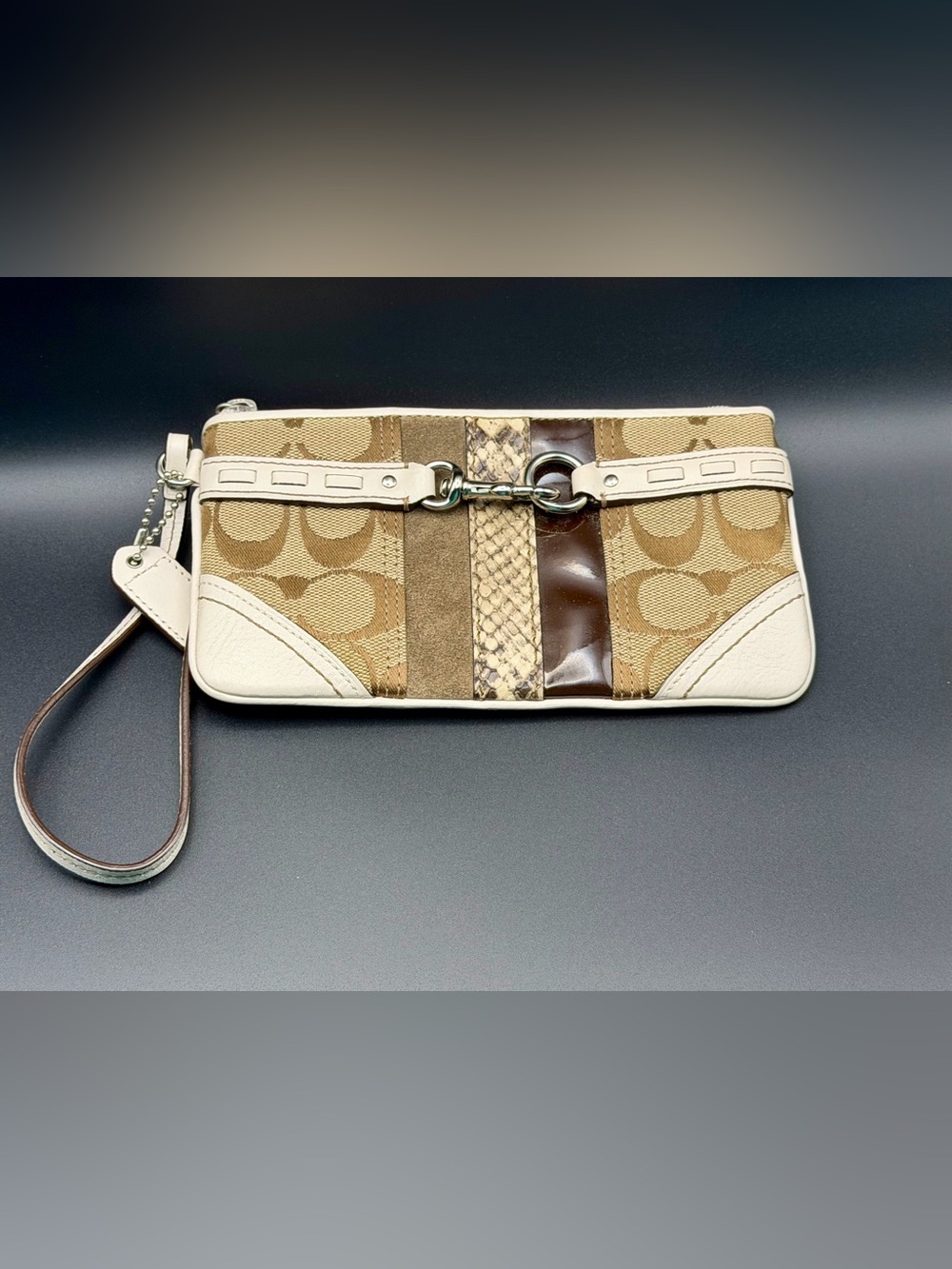 Coach Signature Patchwork Wristlet Clutch Y2K Khaki Cream Brown - Picture 2 of 10